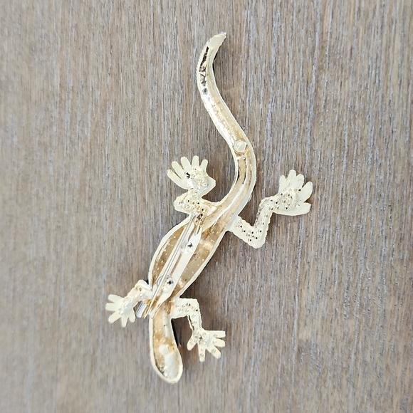 Vintage 80s Salamander Gecko Lizard Brooch Black White Gold 4" Retro - Picture 5 of 5